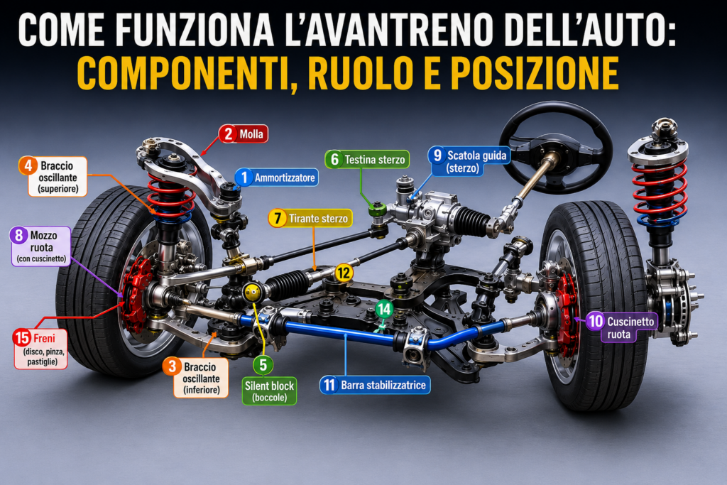 Come funziona l’avantreno dell’auto: componenti, posizione e ruolo di ogni elemento