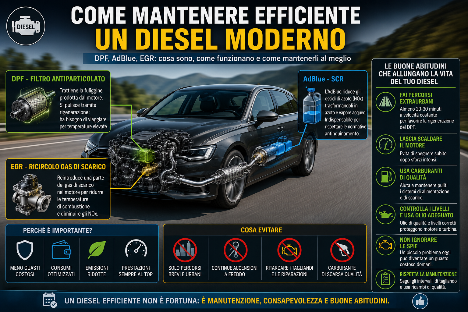 Come mantenere efficiente un diesel moderno: DPF, AdBlue ed EGR